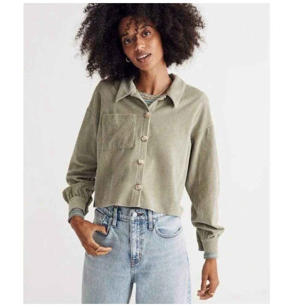 Madewell knit corduroy crop shirt jacket women L sage green NG558 shacke earthyt